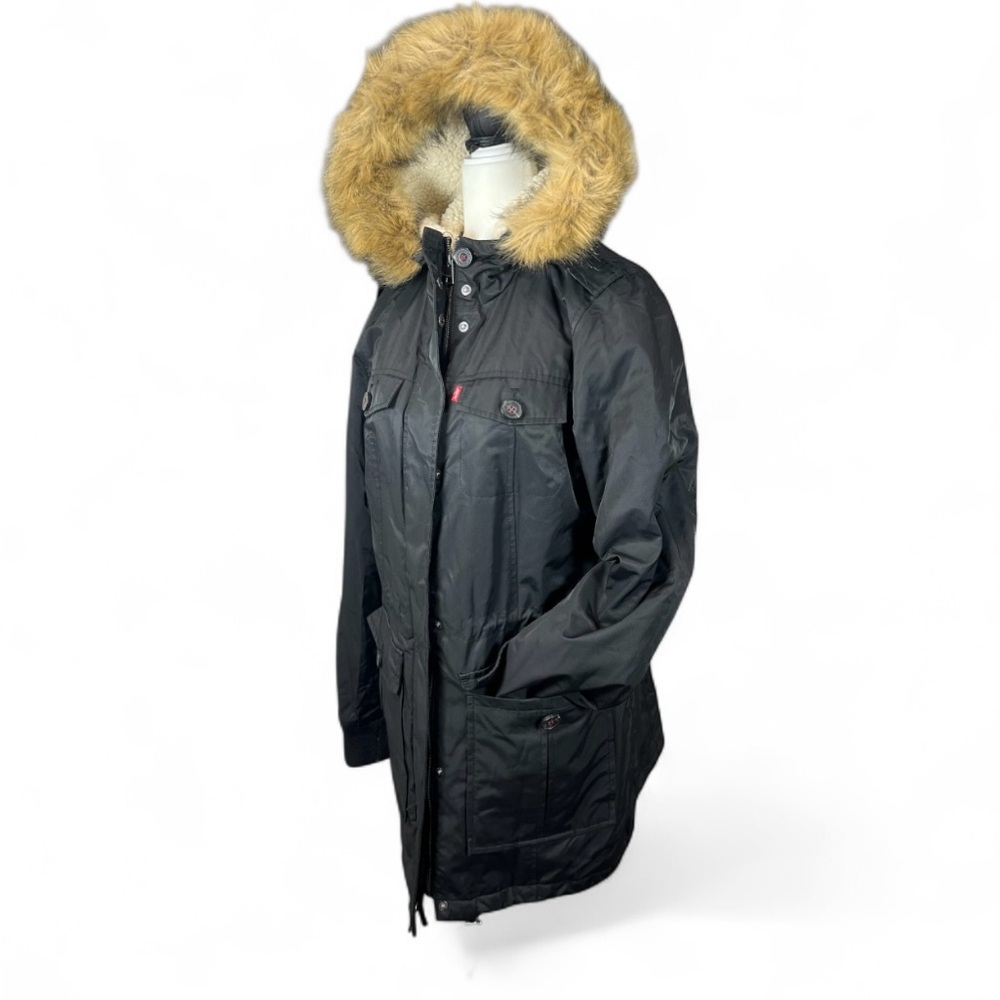 Levi's Parka Jacket Womens Medium Black Sherpa Lined Faux Fur Hood Full Zip